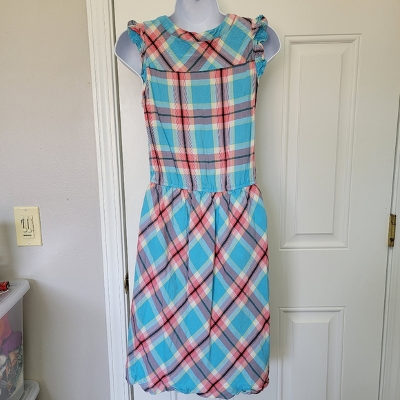 Kensie Blue Pink Plaid Ruffled Sleeveless Sundress V Neck Fit Flare Size Small - Picture 6 of 12